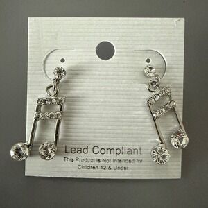 Musical Note Rhinestone Dangle Earrings Silver Tone Women